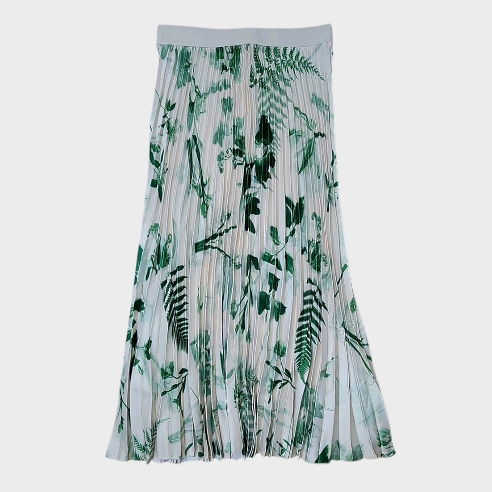 H & M Botanical Garden Pleated Elasticized Midi Skirt Sz S Cream Green